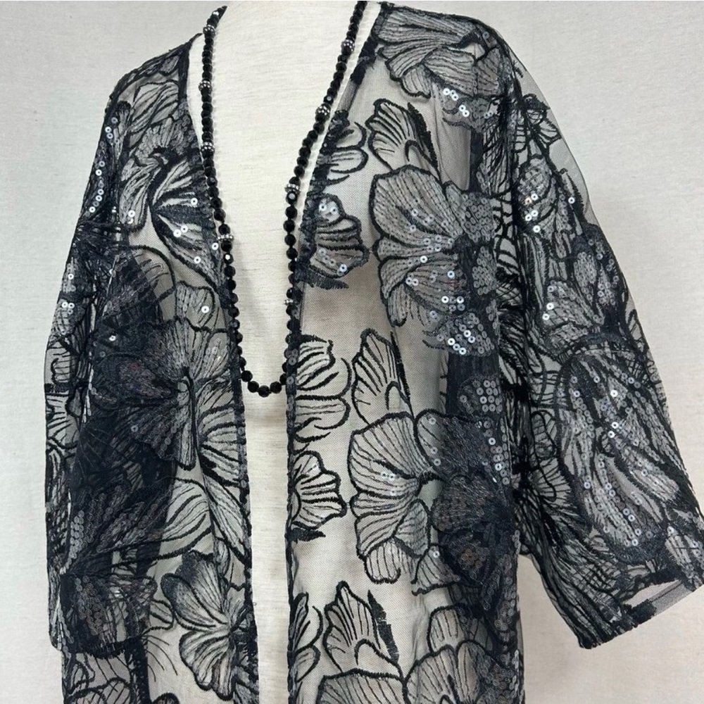 Anne Klein Black Floral Sheer Kimono like Jacket/Coverup